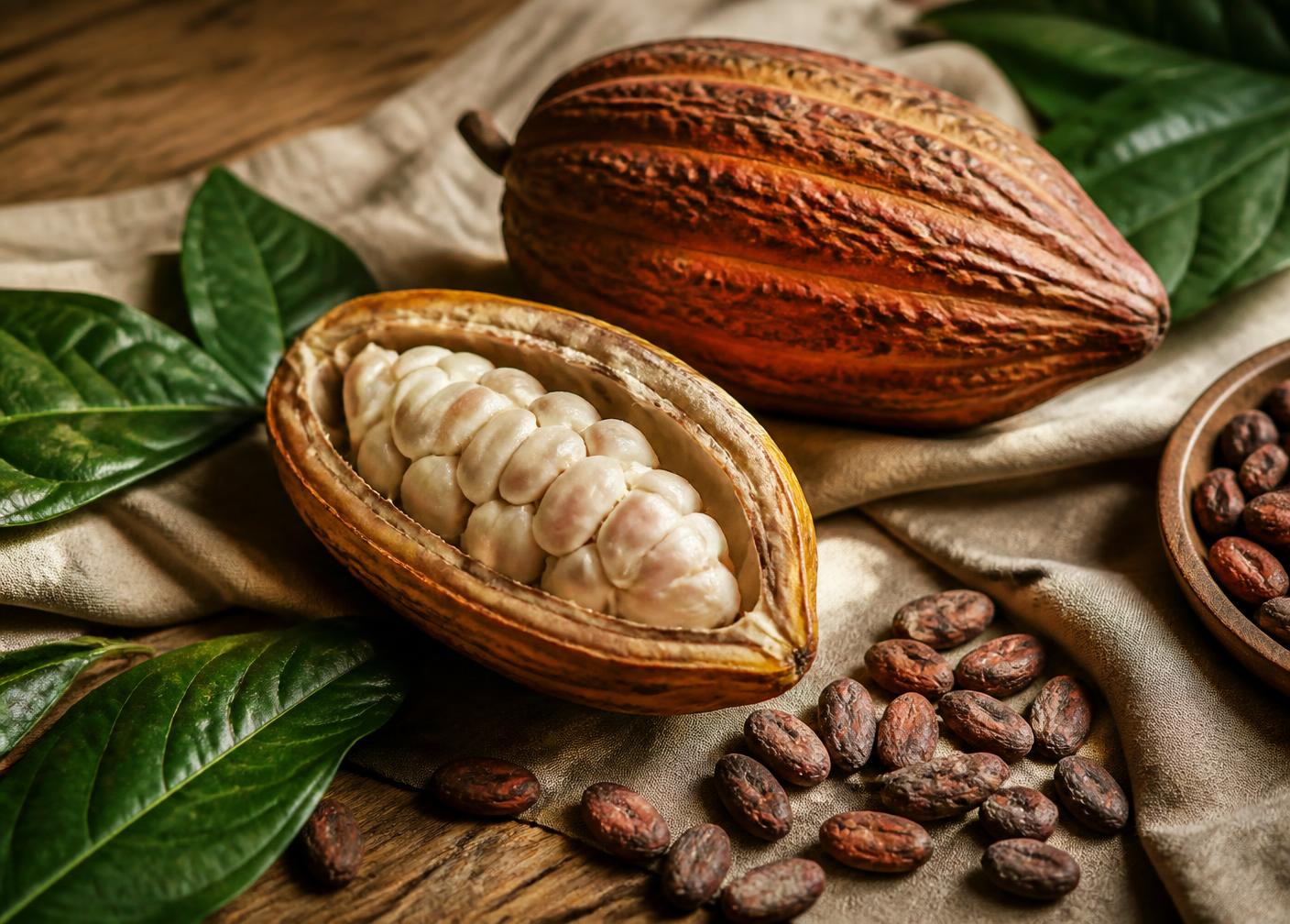 Fruto de cacau aberto com sementes e folhas