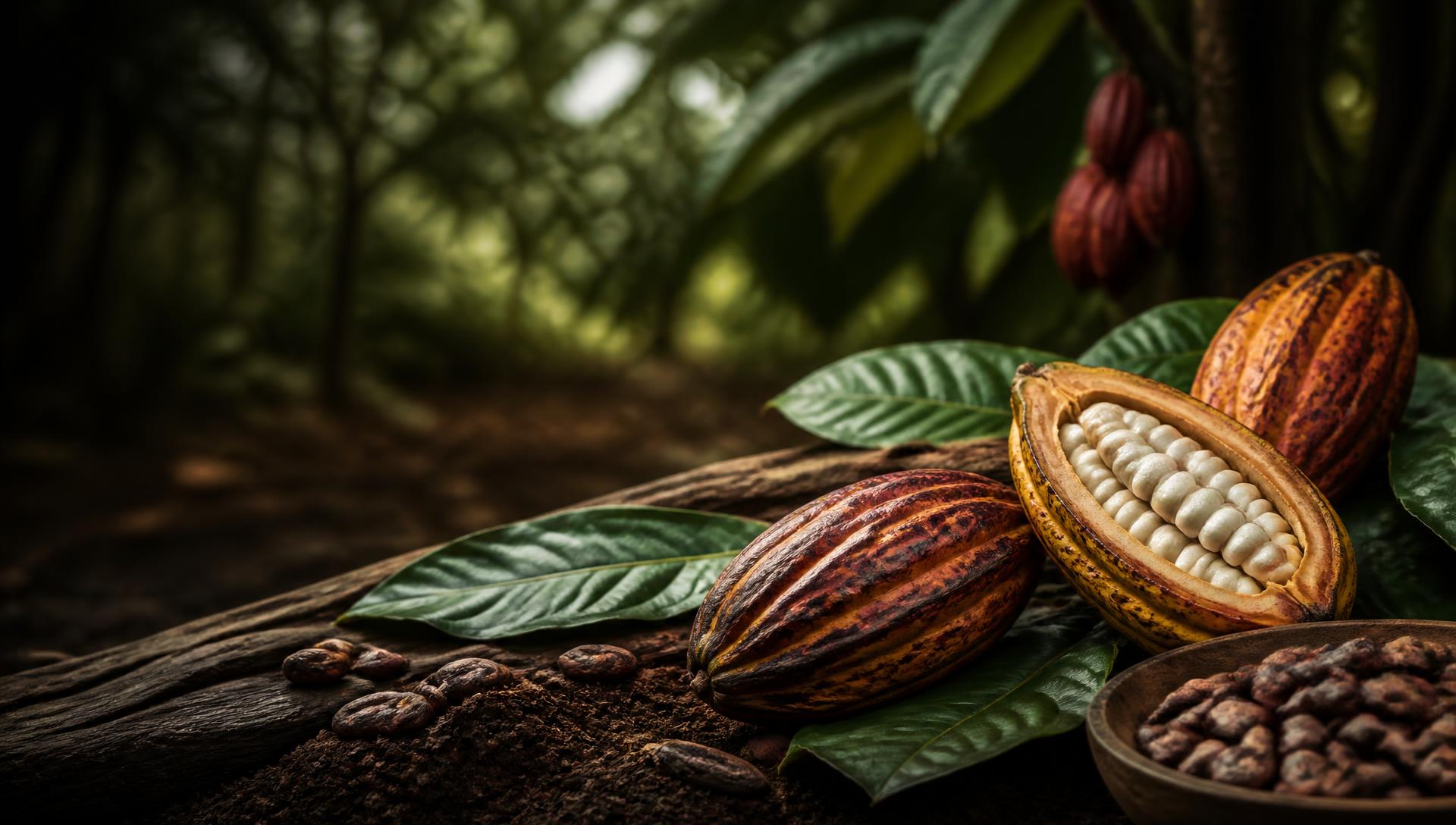 Frutos de cacau, sementes e folhas em ambiente natural